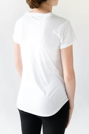 Our Donna v-neck maternity tee-shirt with ruching is perfect throughout pregnancy with its soft flattering cut and moisture wicking fabric in white.